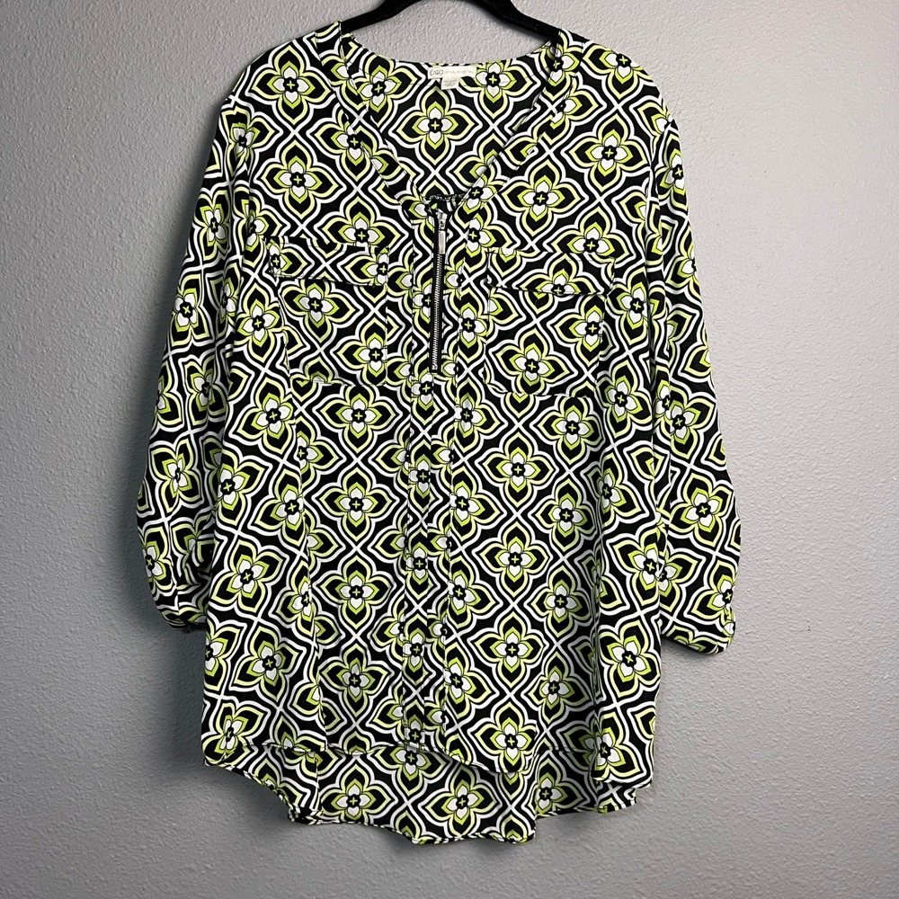 Cato Blouse Sz 14/16W Black Green White Floral Print 3/4 Sleeve Zip Front Career